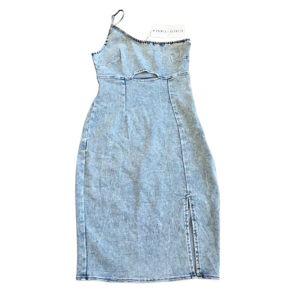 Saints + Secrets Sz S blue denim one shoulder semi open front dress split side